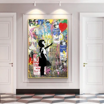 Banksy Mākslas Meitene Saimniecībā Baloni Audekla, Gleznas Pie Sienas, Mākslas Plakāti Un Izdrukas Grafiti Mākslas Attēlus, Bērnu Istabas Sienas Dekors