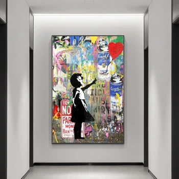 Banksy Mākslas Meitene Saimniecībā Baloni Audekla, Gleznas Pie Sienas, Mākslas Plakāti Un Izdrukas Grafiti Mākslas Attēlus, Bērnu Istabas Sienas Dekors