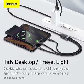 Baseus 3 IN 1 USB C Tips Micro Kabelis priekš iPhone 11 x xr xs max 8 7 6 USB C Ātri, Lādētājs, Datu Kabelis Samsung Xiaomi mi 10 Vadu