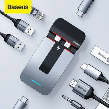 Baseus Multi USB Type C centrs, lai RJ45, HDMI, USB 3.0 un Thunderbolt 3 USB Sadalītājs Kombinētās 9 1 HUB Portatīvo datoru īpašnieku, Lai MacBook Pro