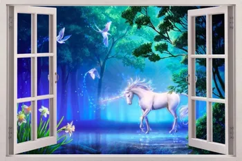 Bezmaksas piegāde Unicorn Dārza Logu 3D Sienas Decal Mākslas ūdensizturīgs Noņemams Tapetes Meža Sienas Uzlīmes, Vinila Mājas Dekoru