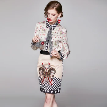 Biroja Dāma Drukāt Uzvalks Rudens Jaunā Sieviete Elegants 2pcs Set Uzvalks Savukārt Apkakle Blūze Zīmuli Svārki noteikti Sieviete