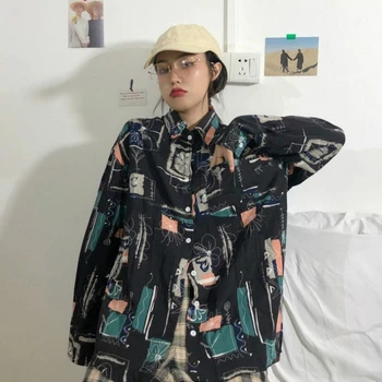 Blūze Sievietēm Krekli Savukārt Apkakle ar garām Piedurknēm Pavasara Harajuku Iespiesti Streetwear Vintage Studentu Modes Visas spēles Šiks Jaunas