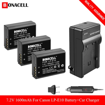 Bonacell 1600mAh LP-E10 LP E10 LPE10 Akumulators+Auto Lādētājs Canon EOS 1100D 1200D 1300D 2000D Rebel T3 T5 Kiss X50 X70 Z70