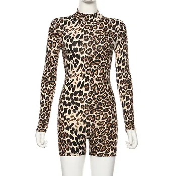 BOOFEENAA Leopards Drukāt Sexy Bodycon Jumpsuits Sievietēm 2020. Gadam Puse Romper Augstas Kaklu garām Piedurknēm Viens Gabals Playsuit C83-BF15