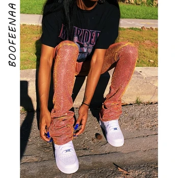 BOOFEENAA Mirdzēt Kaudzē Treniņbikses Streetwear Joggers Sievietes Augsta Vidukļa Izlīdzināšanu Bikses Sexy Dzirksti Stretch Bikses C16-BG21
