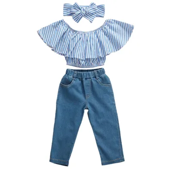 Boutique 2-7Y Modes Vasarā Bērniem Baby Meiteņu Apģērbu Komplekti, Svītrainām Pie Pleca, T Krekli, Topi Ilgi Džinsa Bikses Galvu 3pcs