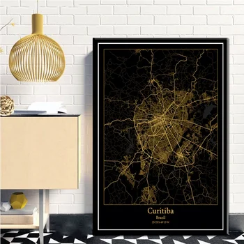 Brazīlija, Curitiba Black&Gold Pilsētas Gaismas Custom Maps Pasaules Pilsētas Karte, Plakātus, Kanvas Izdrukas, Ziemeļvalstīm Sienas Mākslas Mājas Dekoru