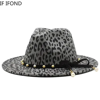 Britu Stilu Visas spēles Platām Malām Fedora Cepuri Sieviešu Vilnas Filcs, Džeza Cepuru Rudens Ziemas Leopard vintage Cepure