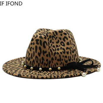 Britu Stilu Visas spēles Platām Malām Fedora Cepuri Sieviešu Vilnas Filcs, Džeza Cepuru Rudens Ziemas Leopard vintage Cepure