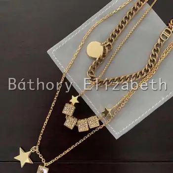 Báthory · Elizabete modes Dāmas retro classic laukumā dice vēstuli zvaigžņu disku trīsslāņu ķēde, kaklarota, collares mujer moda