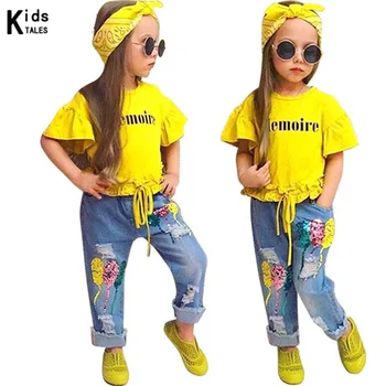 Bērni, Meitenes Rudens drēbes Toddler apģērbu komplekti Meitenēm Modes Īss SleeveT-krekls+ Džinsa Bikses+ Galvas saiti 3 gab.Uzvalks Meitenes