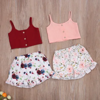 Bērniem, Baby Meitenes Modes 2-gabals Apģērbs Uzstādīt bez Piedurknēm, Solid Krāsa Top un Ziedu Drukāt Šorti Uzstādīts Ērts Tērps