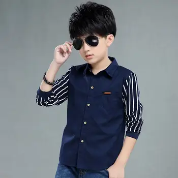 Bērnu apģērbu zēnu kokvilnas krekls ar garām piedurknēm jauns svītrains vienu-krūšu pavasara un rudens drēbes
