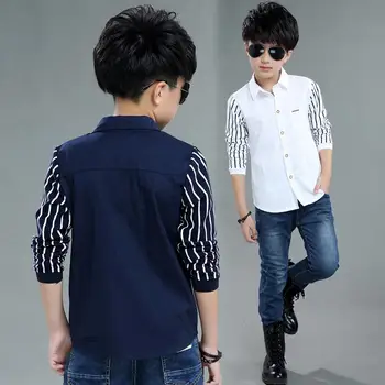 Bērnu apģērbu zēnu kokvilnas krekls ar garām piedurknēm jauns svītrains vienu-krūšu pavasara un rudens drēbes