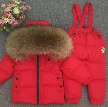 Bērnu Komplekti zēns meiteni bērna baby papildu bieza dūnu jaka ir pilna ar dzīvnieku spalvu apkakle slēpošanas tērps, tops un bikses
