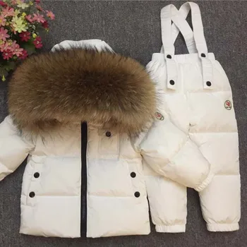 Bērnu Komplekti zēns meiteni bērna baby papildu bieza dūnu jaka ir pilna ar dzīvnieku spalvu apkakle slēpošanas tērps, tops un bikses