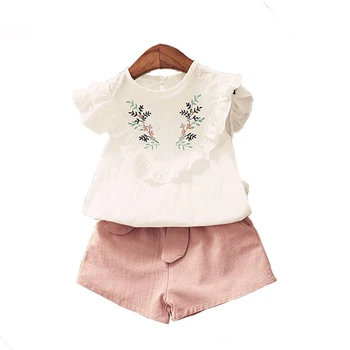 Bērnu Meiteņu Apģērbs Līdz 2018. Jaunu Kokvilnas Izšūti Ziedu T-krekli + Kaklasaiti tīrtoņa Krāsas Bikses 2gab Bērniem, Komplekti Bērnu Apģērbt
