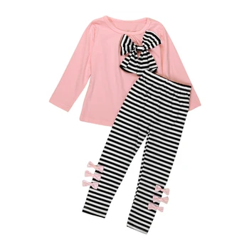 Bērnu Meiteņu Apģērbu Komplekti, Pavasarī, Rudenī Bērni Ar Garām Piedurknēm Bowknot Kleita T-Krekls+Svītru Bikses Komplekts Bērniem Kokvilnas Apģērbs Uzvalks