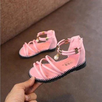 Bērnu sandales meitenēm vasaras mīkstas ādas princese kurpes baby toddler meiteņu kurpes dzīvoklis Romiešu sandales bērniem, pludmales sandales melnā