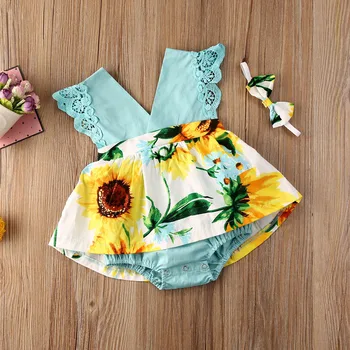 Bērnu Vasaras Apģērbu 0-24M Jaundzimušais Meitenes V-veida Kakla Kombinezonus Saulespuķes Drukāt Ruffles Mežģīņu Piedurknēm Jumpsuit Kleita+Galvas stīpa