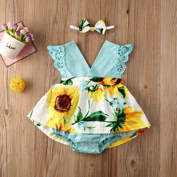 Bērnu Vasaras Apģērbu 0-24M Jaundzimušais Meitenes V-veida Kakla Kombinezonus Saulespuķes Drukāt Ruffles Mežģīņu Piedurknēm Jumpsuit Kleita+Galvas stīpa