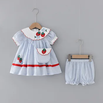 Bērnu Zemeņu Kleita Meitenēm Uzstādīšanas Bērnu Apģērbu Komplekts spāņu Kleitu PP Zeķbikses Bērniem Lotia Izšuvumi Frocks Toddler Vasaras Apģērbs