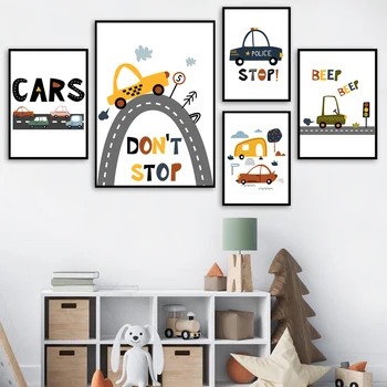 Cartoon Kids Pilsētas Auto Vadītājs Kluba Bērnudārza Sienas Mākslas Audekls Gleznošanai Ziemeļvalstu Plakāti Un Izdrukas Sienas, Attēlus, Baby Boy, Istabas Dekori