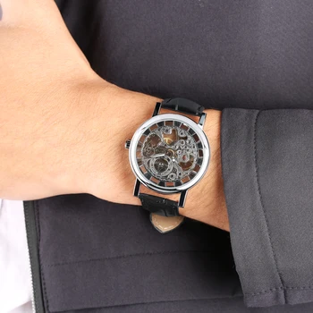 Caurspīdīgs Skelets Mehāniskās Rokas pulksteni Biznesa Stila Pulkstenis Puses Vējš Pulksteņi Ar Ādas Band Vīriešu Dāvanu relogios masculio