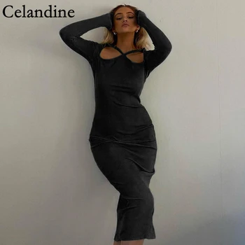 Celandine Pavasara Rudens Black Dobi No Garām Piedurknēm Kleita Sieviešu Modes Sexy Puse Kluba Kleitas Dāmas Gadījuma Vestidos Ir 2021. Jaunas