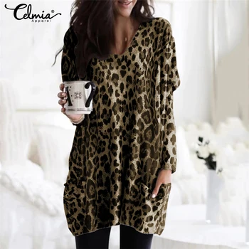Celmia Plus Lieluma Vintage Garām Piedurknēm Tunika Topi, Sieviešu Sexy V-Neck Kabatas Blūzes Gadījuma Leopards Drukāt Krekls Elegants Darbs, Blusas