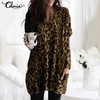 Celmia Plus Lieluma Vintage Garām Piedurknēm Tunika Topi, Sieviešu Sexy V-Neck Kabatas Blūzes Gadījuma Leopards Drukāt Krekls Elegants Darbs, Blusas