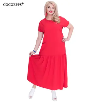 COCOEPPS 2019 Plus Lieluma Vasaras Cietā Gara Kleita Sievietēm, Liela Izmēra Raibs Ar Kabatām O-veida kakla Kleitas, Vintage Vestidos 6XL