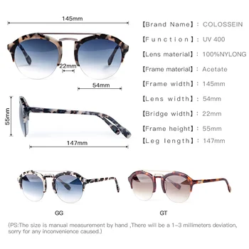 COLOSSEIN Saulesbrilles Sieviešu Vintage Luksusa Cat Eye Stilu, Apaļas, Saules Brilles Vīriešiem Zīmola Dizaineru Brilles UV400 Gafas De Sol