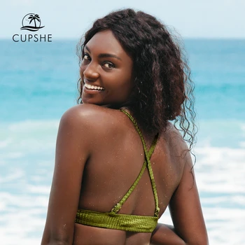 CUPSHE Zaļā Struktūra, Triangle Bikini Top Sievietes Sexy Polsterētām Krūšturis V-veida kakla Tvertnes Augšpusē Ir 2021. Meitenes Atsevišķie Peldkostīmi Peldvietu Krūšturis Top