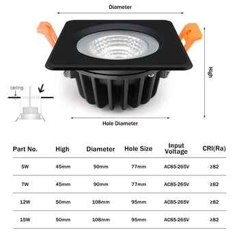 [DBF]Ūdensizturīgs IP65 LED Spot Gaismas 5W 7W 12W 15W Melns/Balts Kvadrātveida Padziļinājums Downlight Vannas istabā Griestu Lampas 3000K/4000/6000K