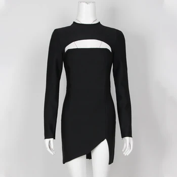 DEIVE TEGER Modes garām Piedurknēm Hoolow-out Sadalīt Biroja Stila Gadījuma Pārsējs Sexy Black Bodycon Mini Rudens Ziemas Kleitu 8406