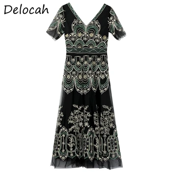 Delocah Vasaras Sieviešu Modes Dizainere-Line Kleita Sexy V-Neck Izšuvumi Sequined Elegants Slim Fit Dāmas Midi Kleitas vestidos