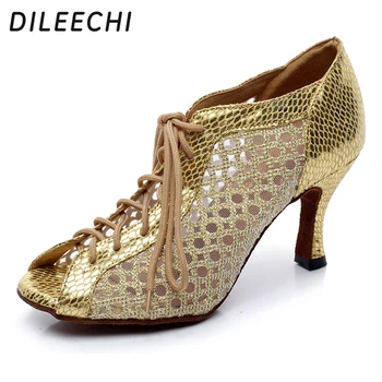 DILEECHI jaunu zelta neto latīņamerikas deju kurpes sieviešu pieaugušo pavadošās personas deju kurpes Balles deju kurpes, papēdis 7.5 cm