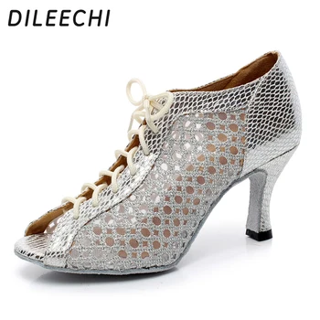 DILEECHI jaunu zelta neto latīņamerikas deju kurpes sieviešu pieaugušo pavadošās personas deju kurpes Balles deju kurpes, papēdis 7.5 cm