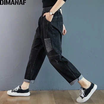 DIMANAF Plus Lieluma Sievietēm Garās Bikses Vintage Džinsa Džinsi, Bikses, Sieviešu Bikses Elastīgs Viduklis Ir 2021. Dāma Bikses Pavasara Apģērbu Melns