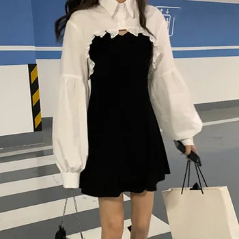 Divas Gabals Komplekti Tērpu Kreklu Apkakles Rudenī Jaunu Stilu Japāņu Karstā Meitene Salds Hepburn Stils Franču Retro Salds Un Sāļš Black Slim