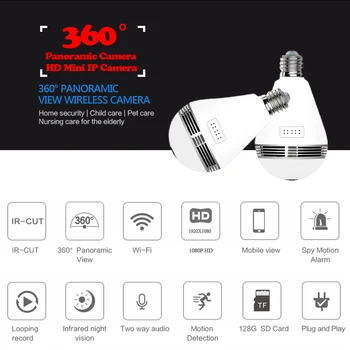 Divvirzienu Audio 360 Grādu LED Gaismas HD 1080P Bezvadu Panorāmas 2MP Mājas Drošības WiFi CCTV Fisheye Spuldzes Lampas IP Kameras