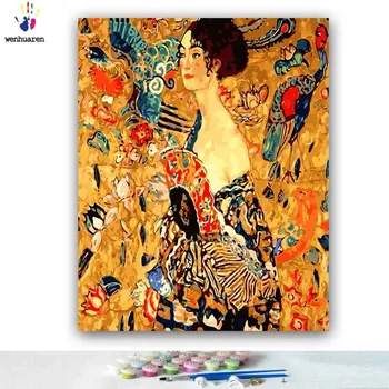 DIY krāsvielas bildes ar numuriem ar krāsas Dāma ar Ventilatoru Gustava Klimta attēls, zīmējums, glezna, ko numuri, karkasa Mājas