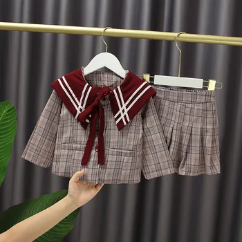 Drēbes Mazulim Meiteņu Komplekti Bērniem Britu Stila Pleds Koledžas Stila Loku Mētelis +Kroku Kleita Komplekts Bērniem Rudens Uzvalks Meiteņu Apģērbs
