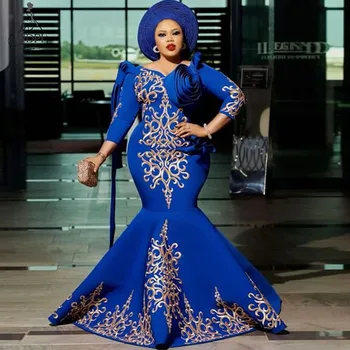 Drēbes Royal Blue arābu Sirēna Vakara Kleitas Ilgu Plus Lieluma Satīna Māte no Līgavas Kleita, 3/4 Piedurknes Ir 2021. oficiālā Puse Kleita
