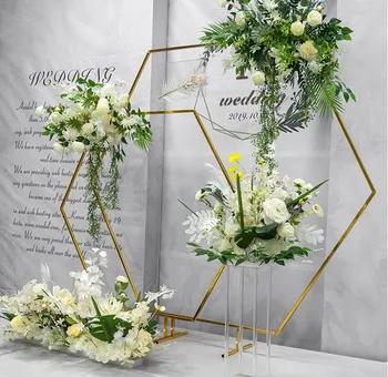 Dzelzs akrila rāmis ģeometriskā arch T skatuves dekori kāzu aksesuārus backdrops kāzu ziedu plaukts puse galda centerpieces kūka stāvēt