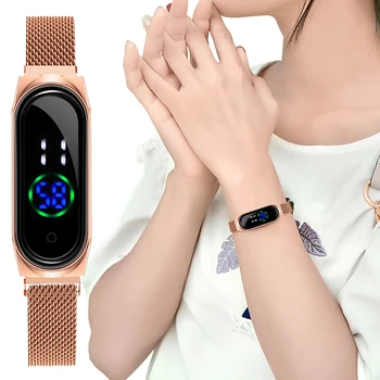 Dāmas Skatīties Sieviešu Touch Ekrāns LED Pulksteņi Magnētisko Sieta Josta Elektronisko Pulksteni Digitālo Kvarca rokas pulksteņi Relogio Feminino