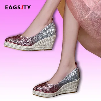EAGSITY Sequined Ķīļi sieviešu Kurpes augstpapēžu espadrilles kurpes Sūkņi paslīdēt uz Gadījuma puse, kāzu kurpes