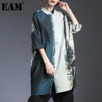 [EAM] Sieviešu Modelis Apdrukāta Veļa Liela Izmēra Blūze Jaunu Atloks ar garām Piedurknēm Loose Fit Krekls Modes Jūra Pavasara Rudens ir 2021. 1T41509